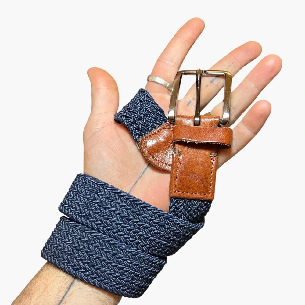 Tommy‎ Bahama Mens S/M Belt Braided Elastic Leather Trim Silver Buckle Navy Blue
